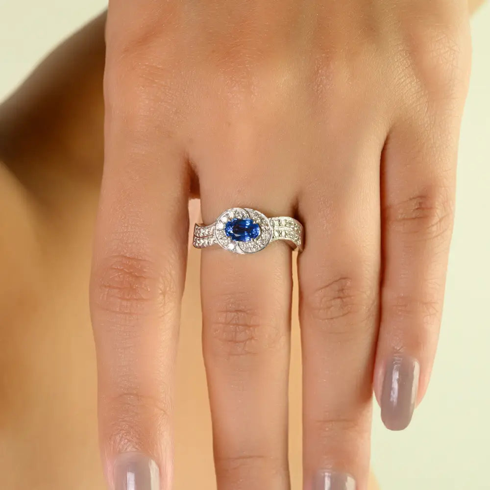 Oval Blue Sapphire & Diamond Double Layer Statement Ring K14 White Gold Fine Jewelry