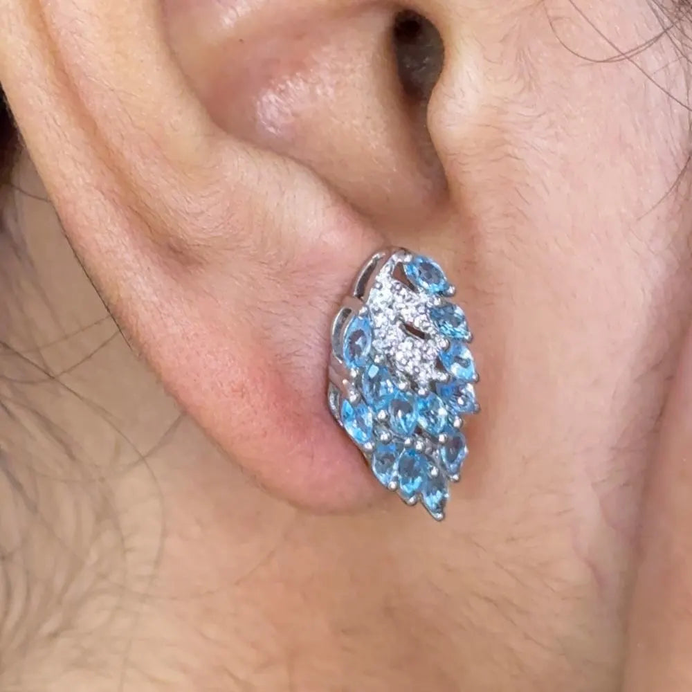 Natural Blue Topaz & Round Cut American Dimond Stud Earrings November Birthstone