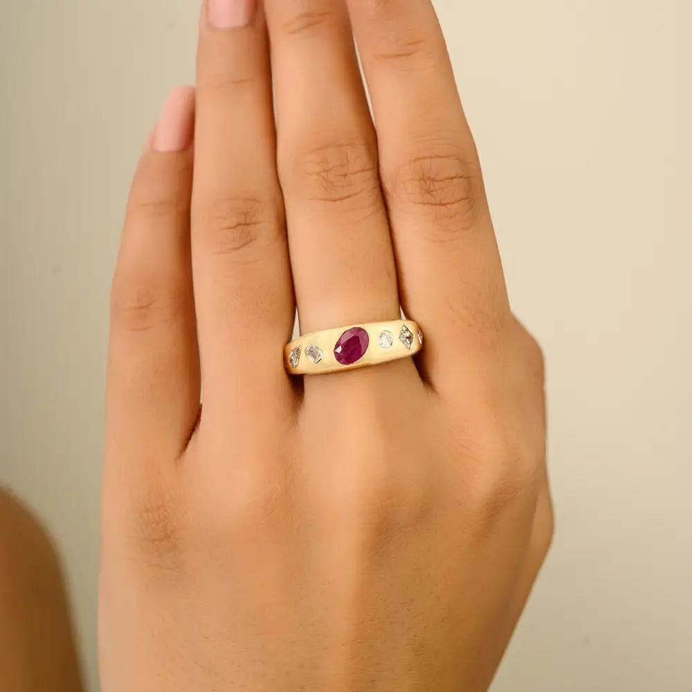 Best Selling Mixed Shape Diamond & Ruby Chunky Dome Ring 18K Yellow Gold Engagement Jewelry
