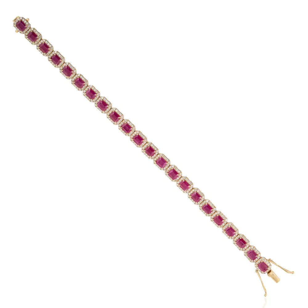 Luxurious Ruby & Diamond Halo Statement Tennis Bracelet 14K Yellow Gold Wedding Jewelry