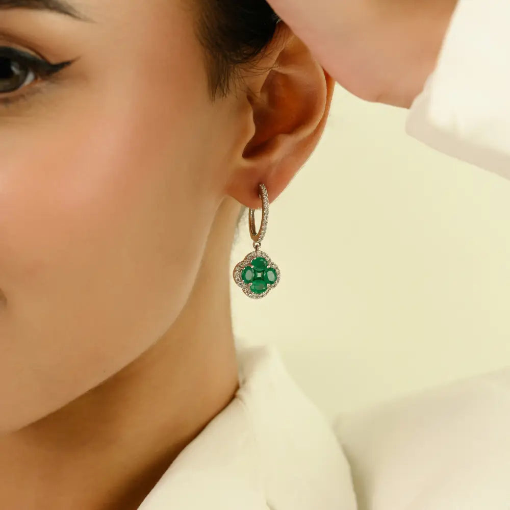 K14 White Gold Emerald & Diamond Hoop Charm Clover Drop Earrings Statement Jewelry