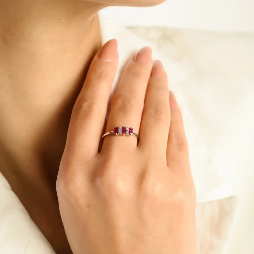 Minimalist Ruby & Diamond Three Stone Ring For Women 14K Pure White Gold Custom Jewelry