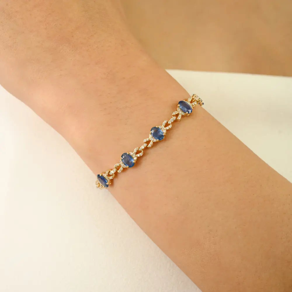 New Designer Blue Sapphire & Diamond 14K Yellow Gold Stackable Bracelet Women Jewelry