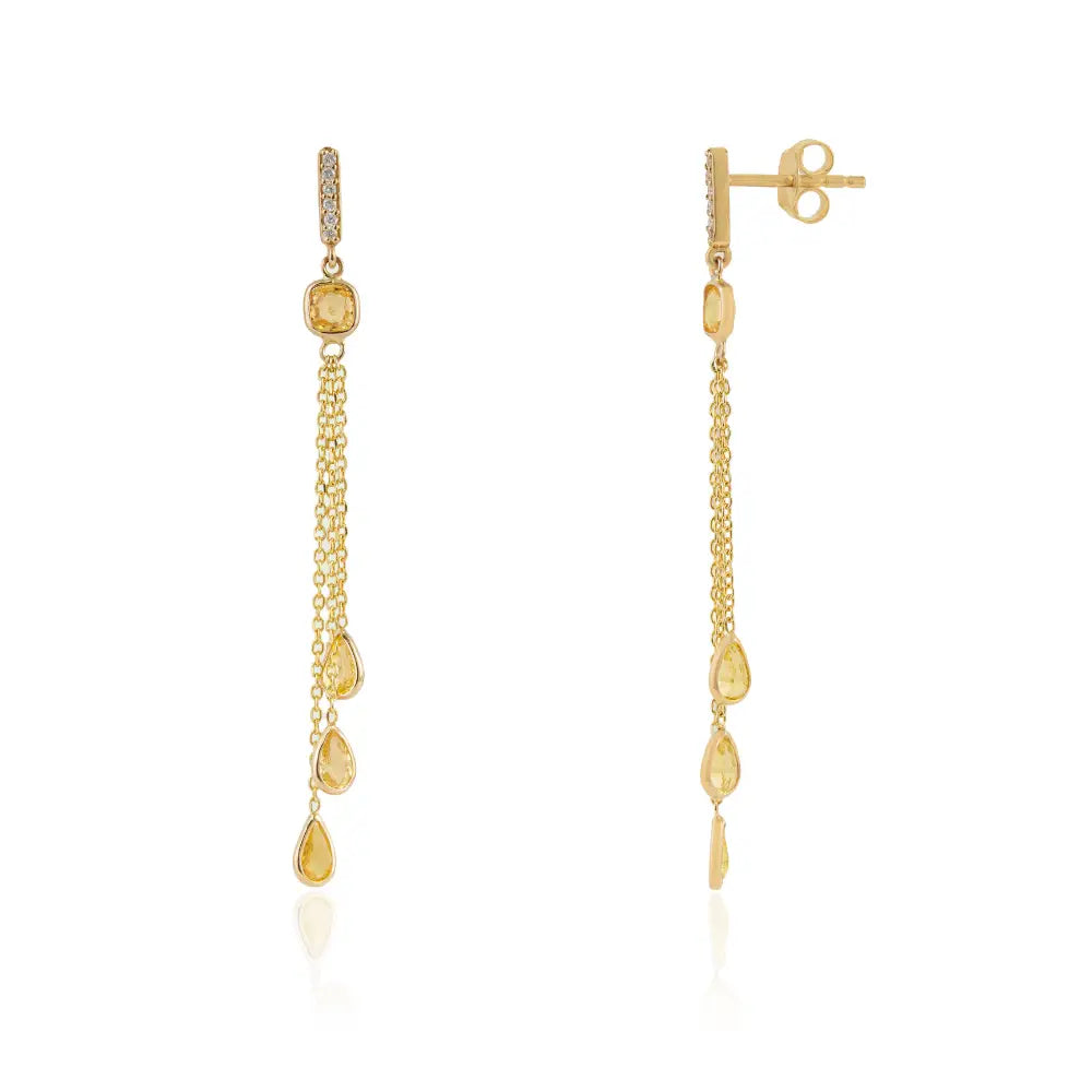 Light Weight 14K Real Gold Yellow Sapphire & Diamond Triple Link Chain Drop Earrings Women's