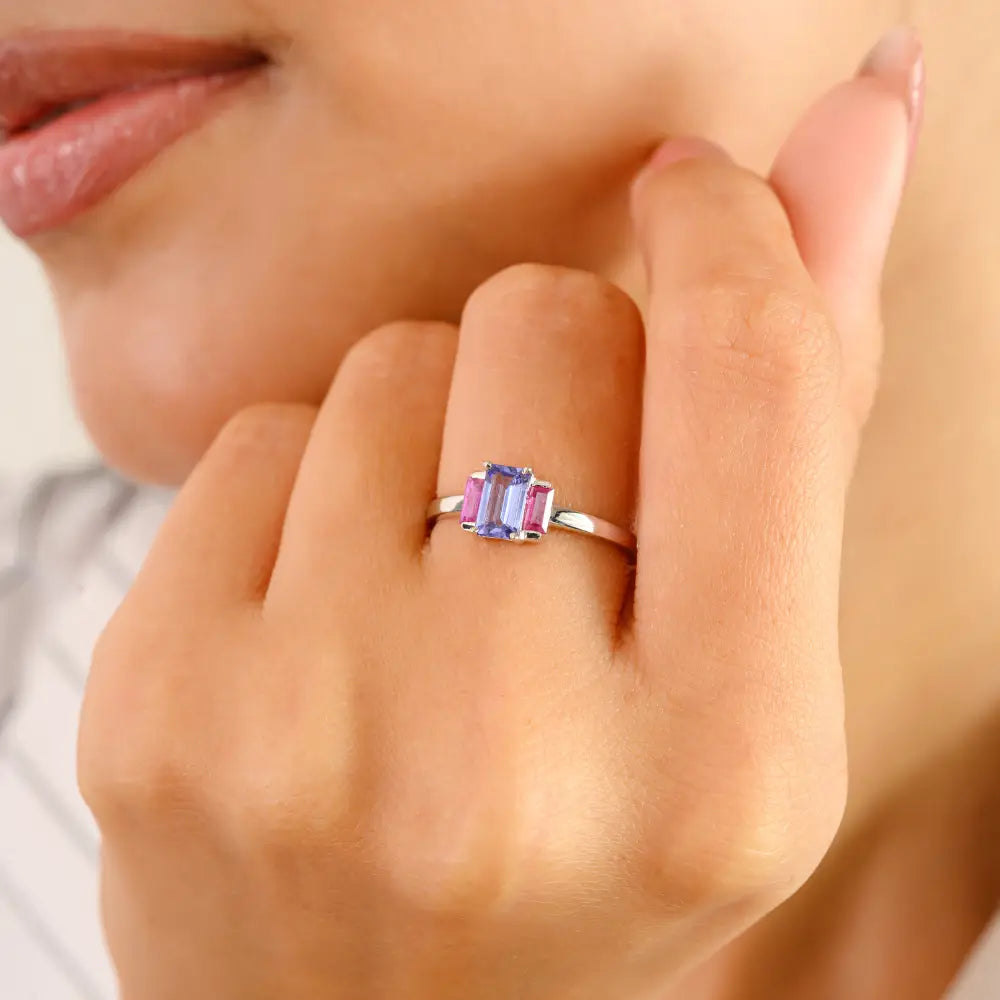 Natural Birthstone Tanzanite & Ruby Real K14 White Gold Three Stone Ring Custom Jewelry