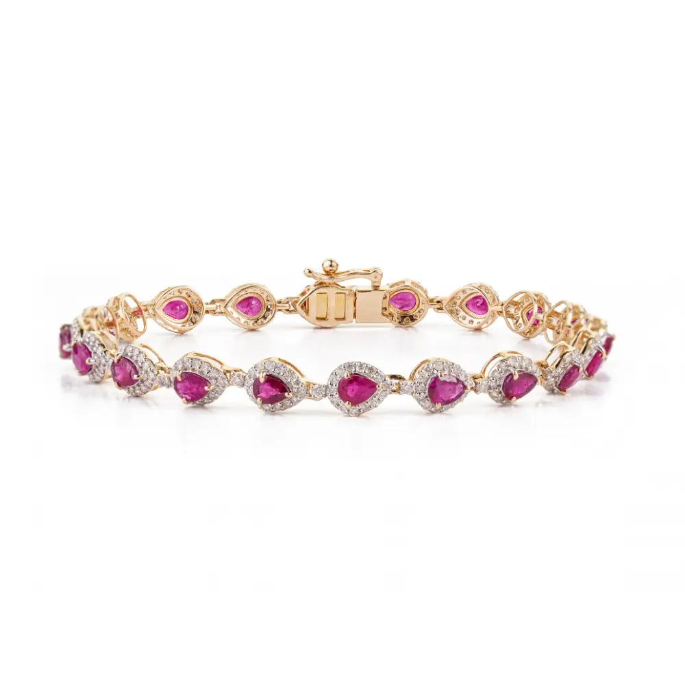 New Arrivals Real Ruby & Diamond K14 Solid Yellow Gold Halo Wedding Bracelet Valentine's Day Gift Jewelry