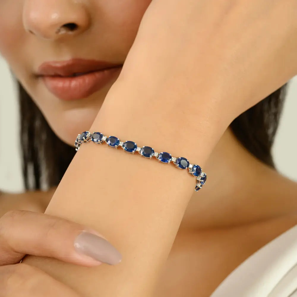 Beautiful Design Unisex Jewelry Blue Sapphire & Diamond 14K Gold Stackable Tennis Bracelet