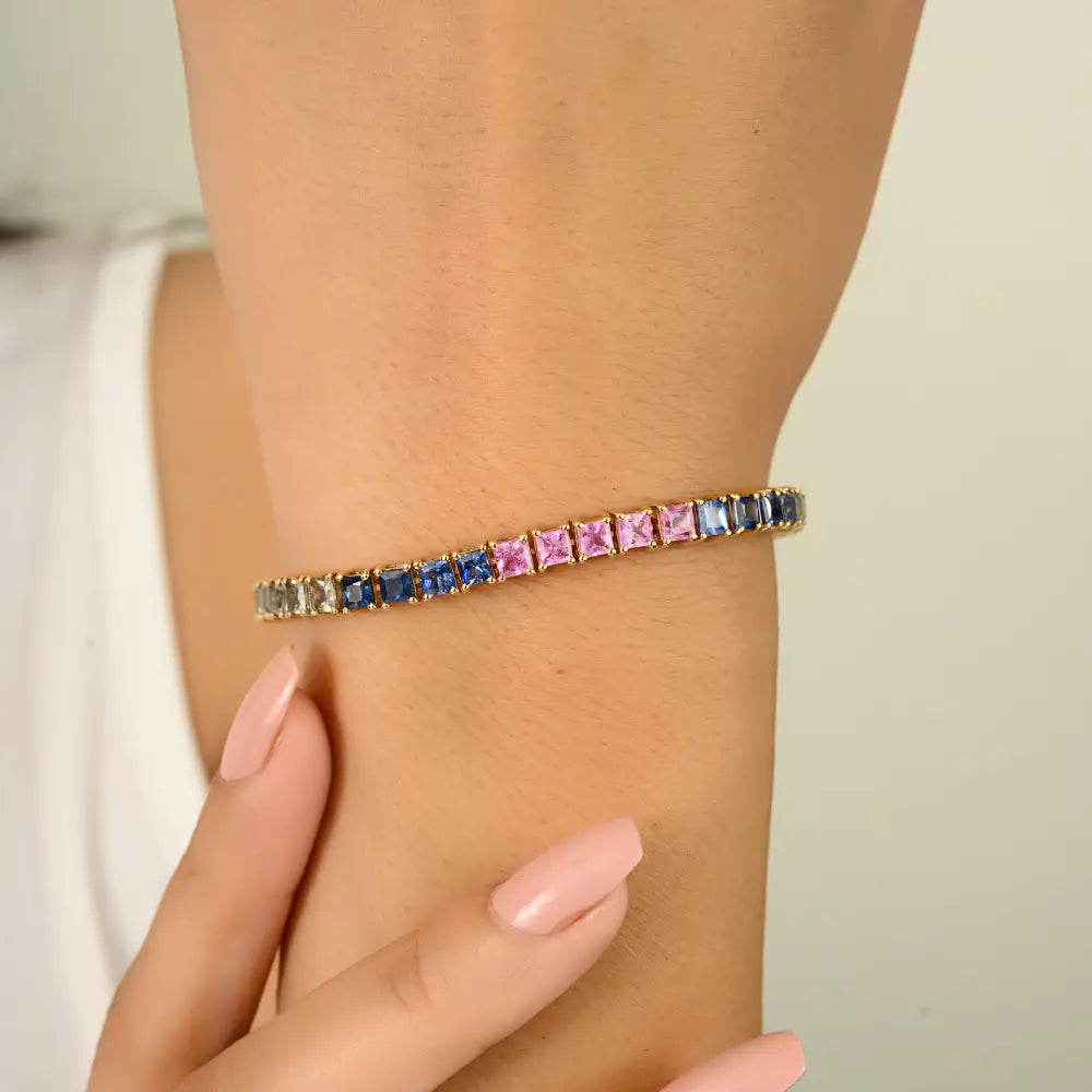 Asscher Cut Colorful Multi Sapphire 14K Solid Yellow Gold Stacking Tennis Bracelet New Arrivals