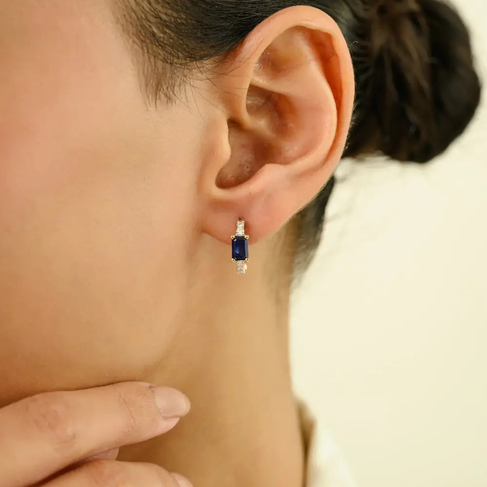 Real K14 Yellow Gold Blue Sapphire & Diamond Minimal Hoop Earrings Handmade Jewelry