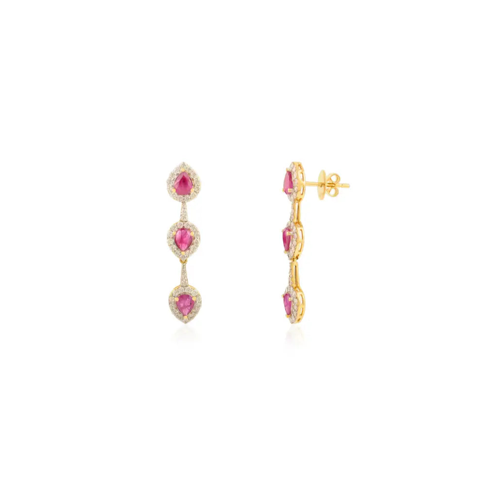Solid 14K Yellow Gold Ruby & Diamond Dangle Earrings Wedding Jewelry For Women
