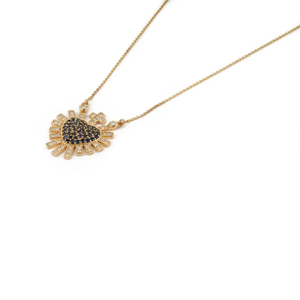Gorgeous Blue Sapphire & Diamond Sacred Heart Sunburst Pendant Necklace 14K Solid Yellow Gold Jewelry
