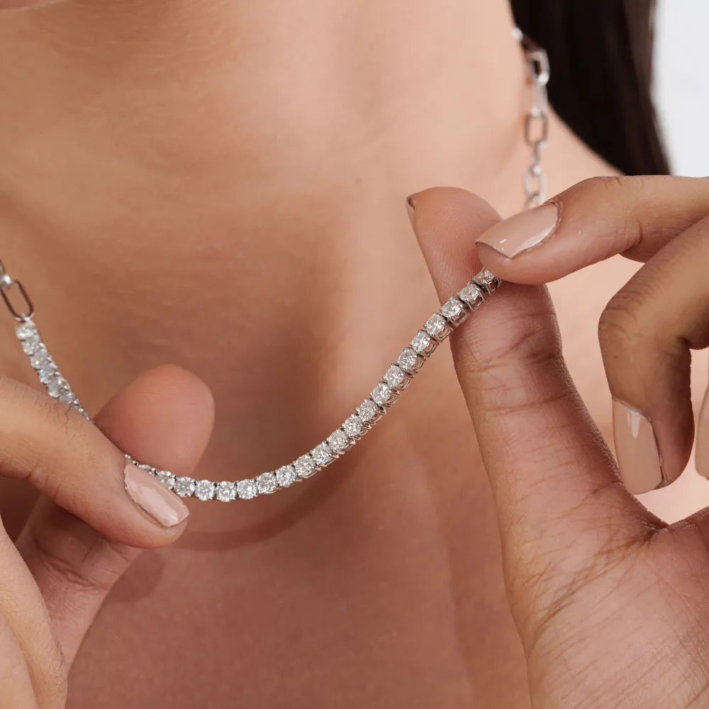 3mm Round Cut Diamond Real K14 White Gold Paperclip Chain Half Tennis Necklace Sparkle Bulk Jewelry