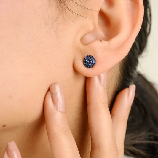 Simple Design Blue Sapphire Gemstone Minimal Round Shape Stud Earrings Real K14 White Gold