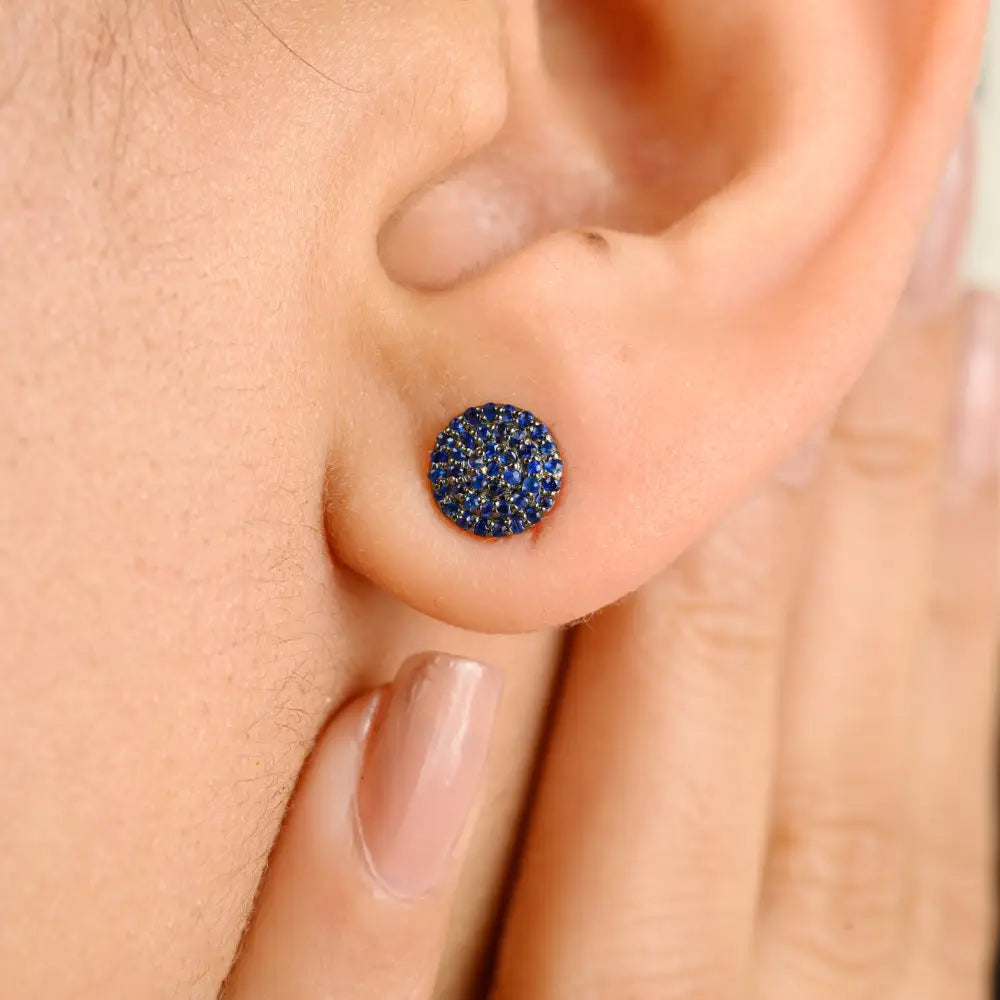 Simple Design Blue Sapphire Gemstone Minimal Round Shape Stud Earrings Real K14 White Gold