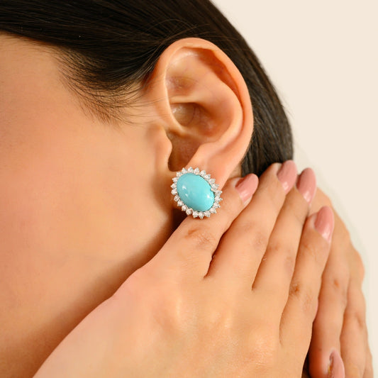 Exporter Natural Turquoise & American Diamond Halo Earrings Solid 925 Silver Unique Design