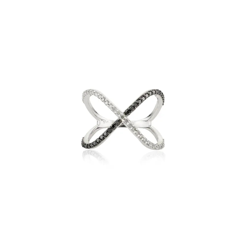 Round Cut Black & White Natural Diamond Criss Cross Ring Pure 18K White Gold Fine Jewelry