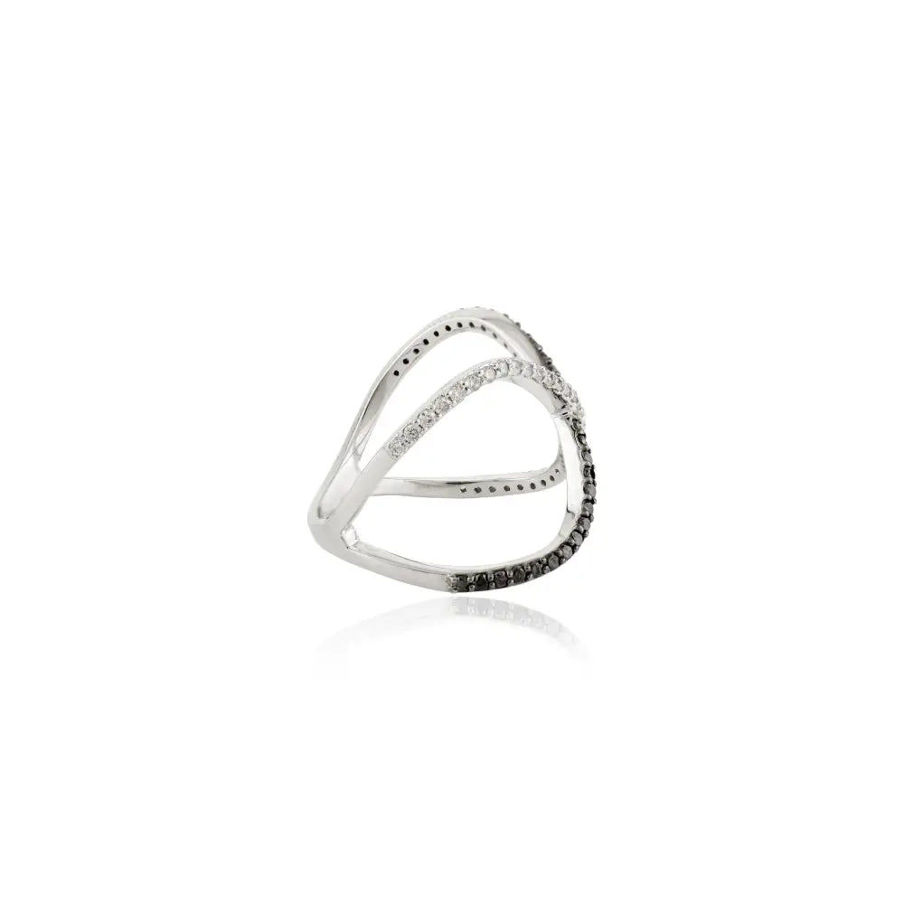 Round Cut Black & White Natural Diamond Criss Cross Ring Pure 18K White Gold Fine Jewelry
