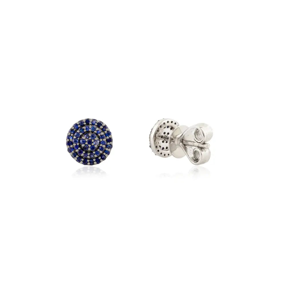 Simple Design Blue Sapphire Gemstone Minimal Round Shape Stud Earrings Real K14 White Gold