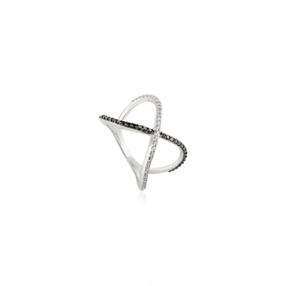 Round Cut Black & White Natural Diamond Criss Cross Ring Pure 18K White Gold Fine Jewelry