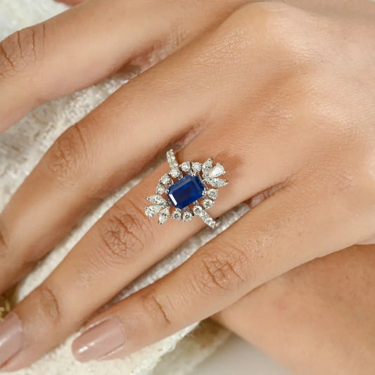 Art Deco New Stylish Fine Blue Sapphire & Diamond Unique Ring Party Wear Jewelry