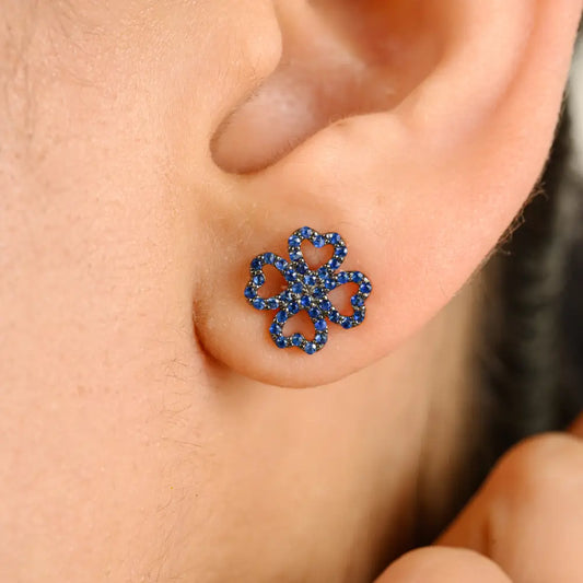 Latest Design Round Cut Gemstone Blue Sapphire Clover Stud Earrings 18K Gold Fine Jewelry