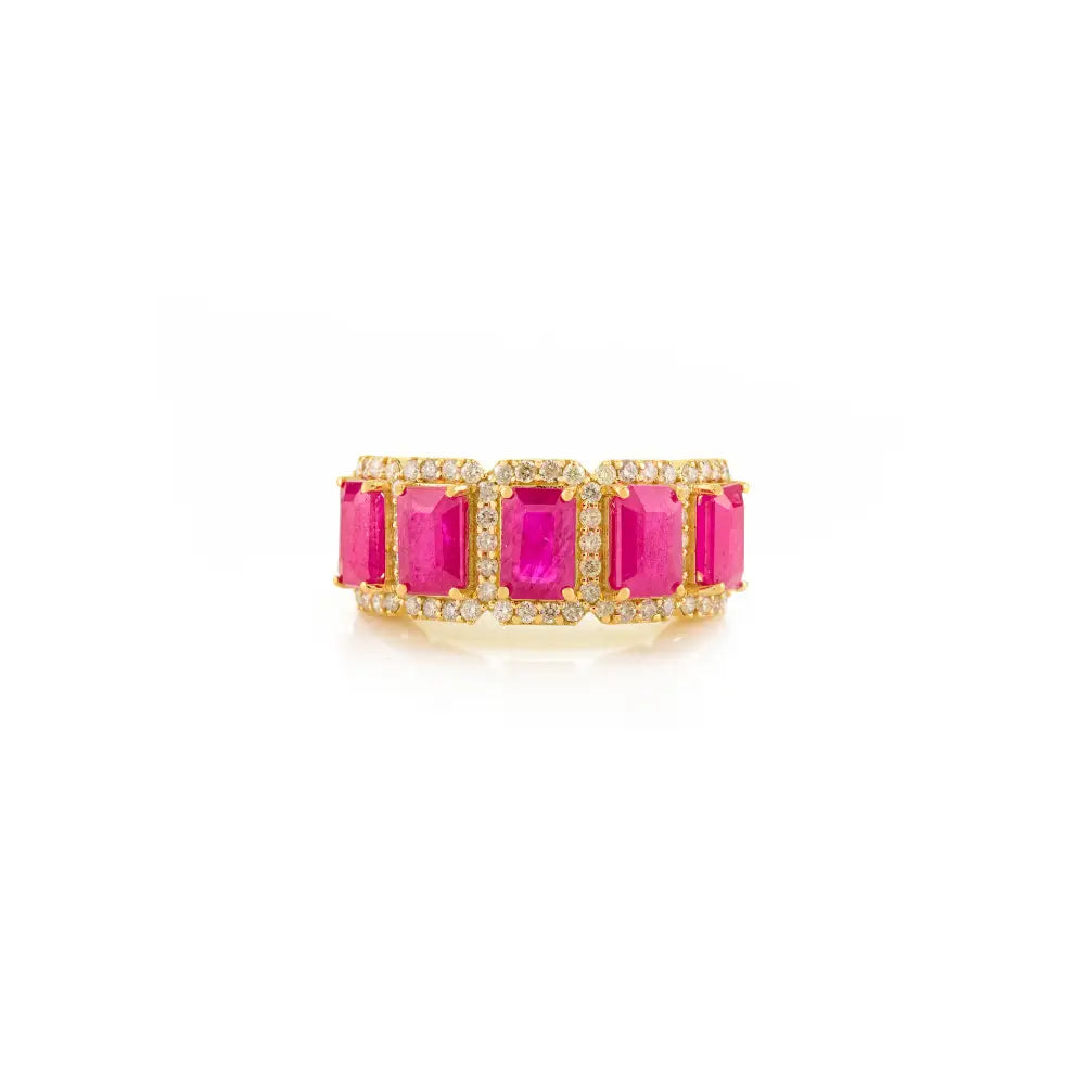 Genuine Ruby & Diamond Halo Half Eternity Band Ring Solid 14K Yellow Gold Anniversary Gift