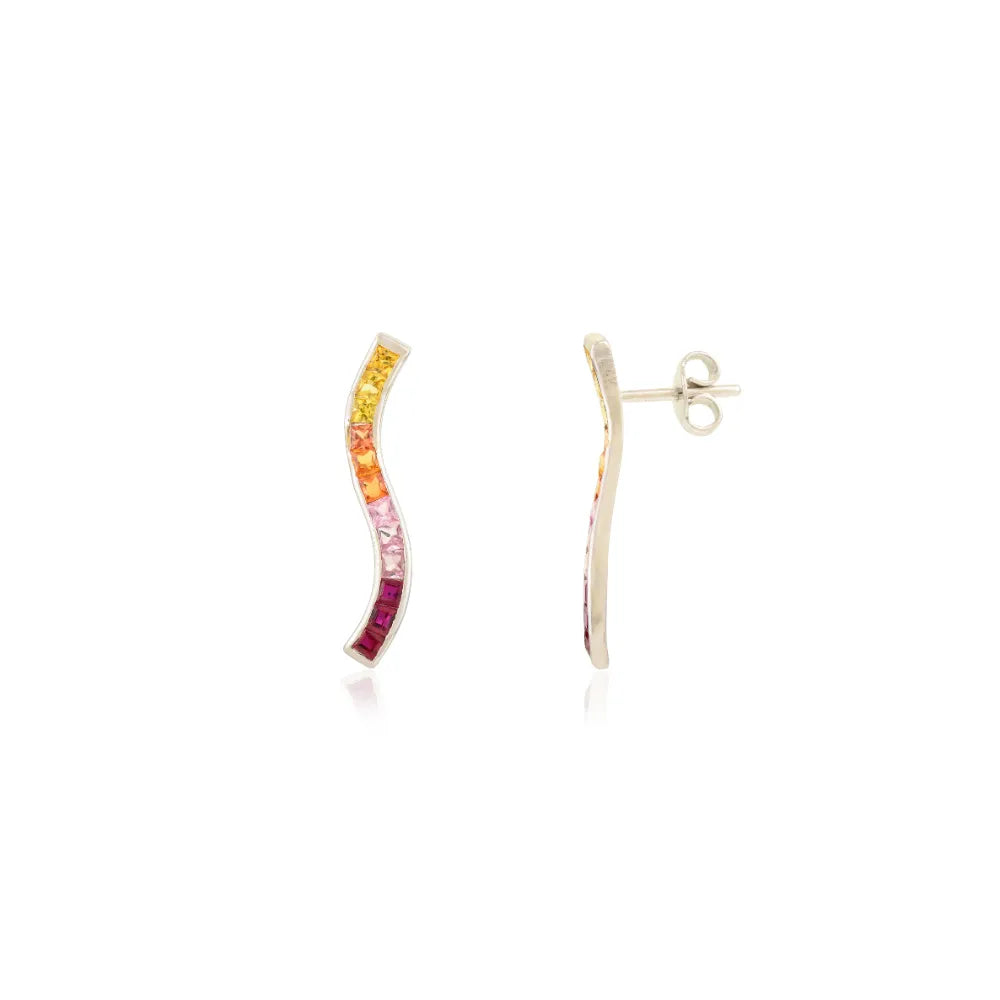 Latest Design Multi Sapphire & Ruby Wave Shape Dangle Earrings Real 14K White Gold