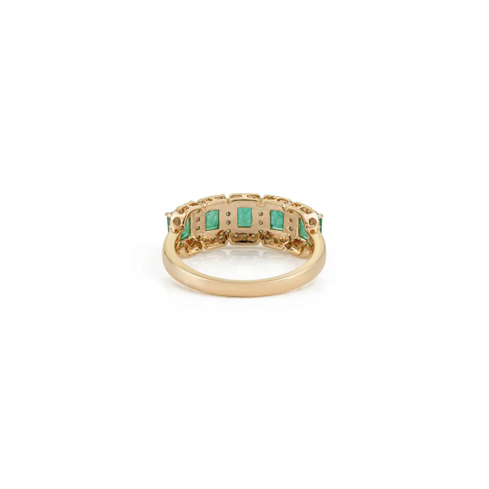 Natural Zambian Emerald & Diamond 14K Real Yellow Gold Halo Half Eternity Band Ring