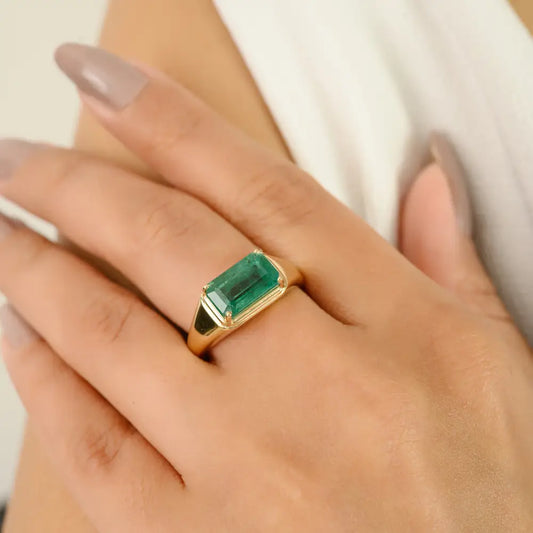 Prong Set Emerald Signet East West Ring Statement Unisex Jewelry 14K Solid Yellow Gold