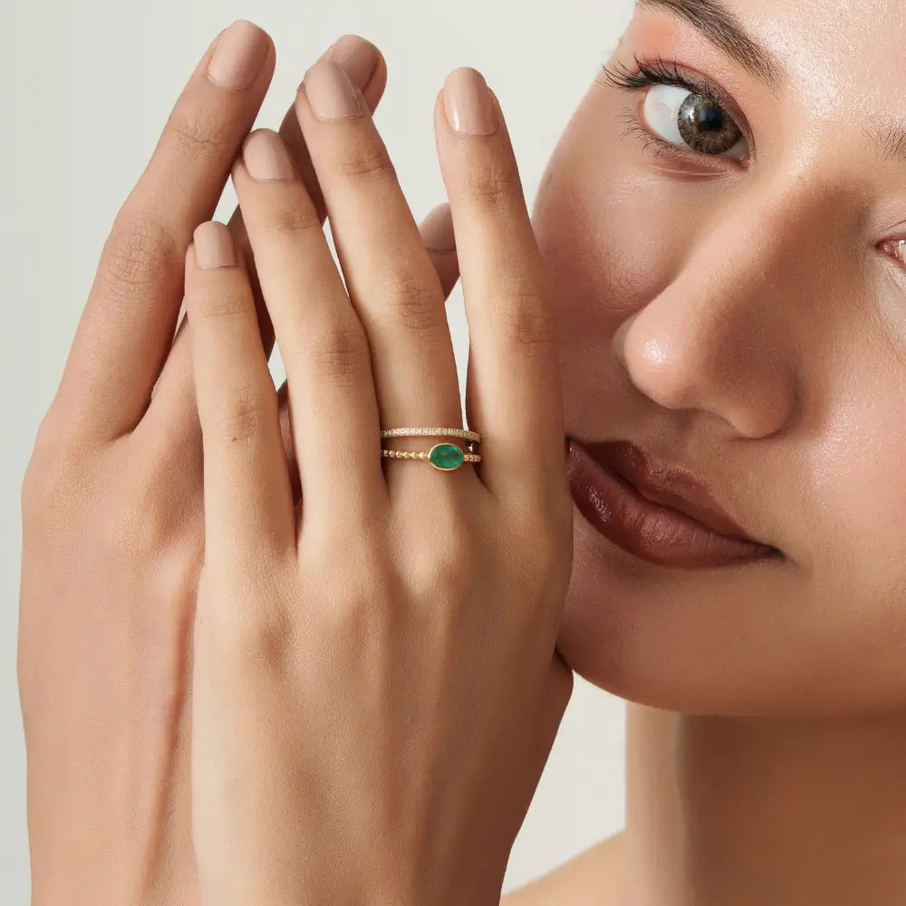 Real Emerald & Diamond Double Band Ring K14 Solid Yellow Gold Stackable Jewelry Supplier