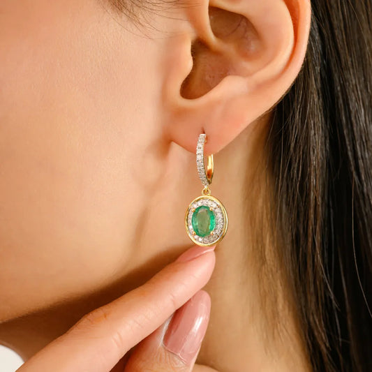 High Quality 14K Yellow Gold Emerald & Diamond Drop Earrings Customized Jewelry
