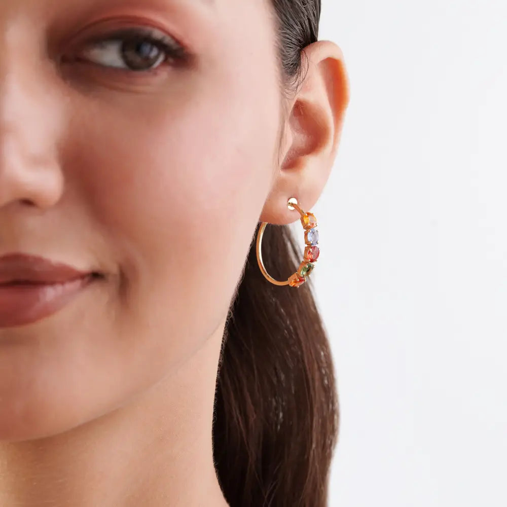 5x4mm Oval Cut Multi Sapphire C Shape Hoop Earrings Real 14K Yellow Gold Fine Jewelry