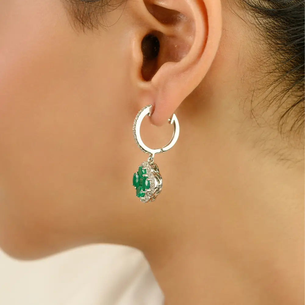 K14 White Gold Emerald & Diamond Hoop Charm Clover Drop Earrings Statement Jewelry