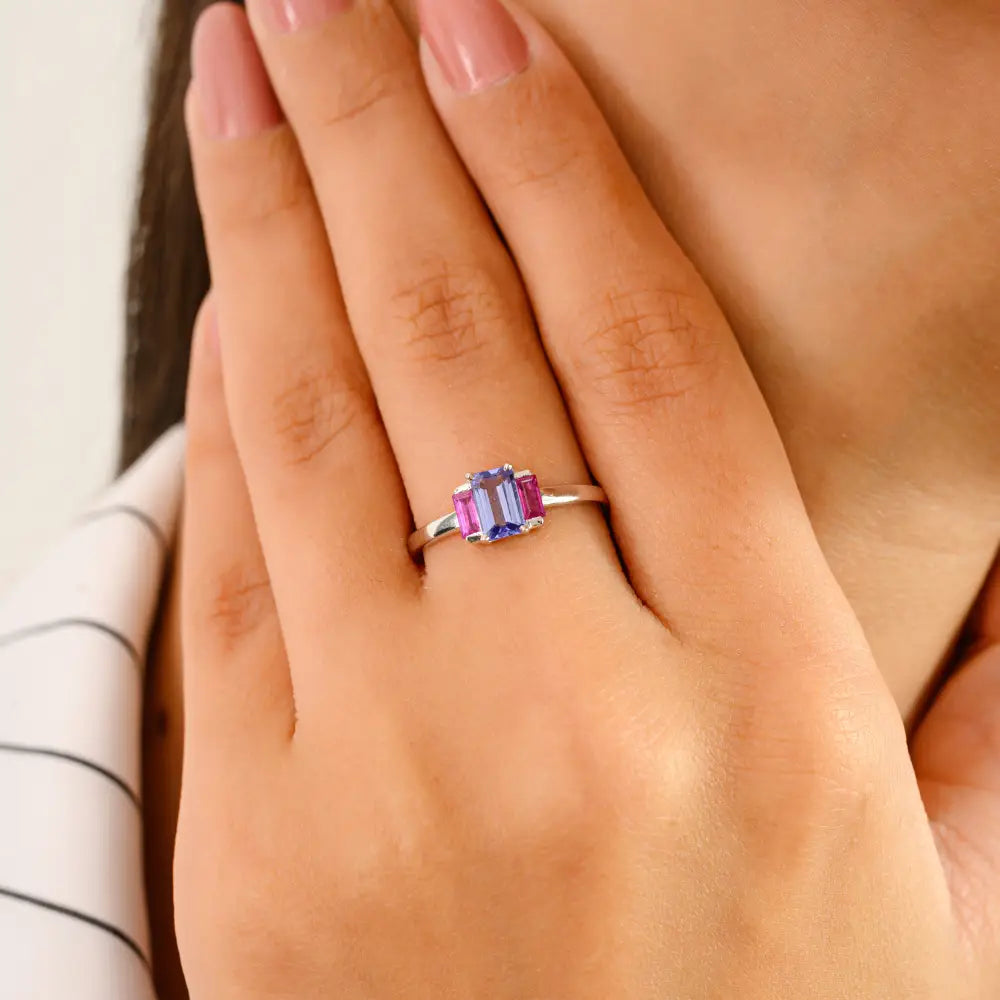 Natural Birthstone Tanzanite & Ruby Real K14 White Gold Three Stone Ring Custom Jewelry