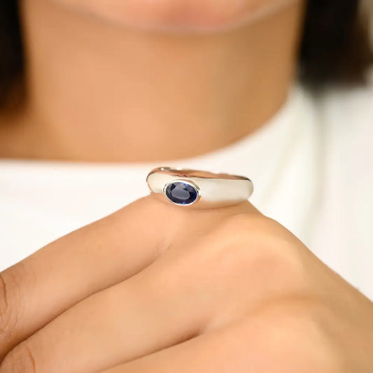 14K Solid White Gold Oval Shape Blue Sapphire Chunky Dome Ring New Collection Jewelry