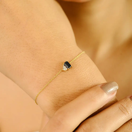 Minimalist Dainty 14K Real Yellow Gold Blue Sapphire & Diamond Toi et Moi Bracelet For Girls