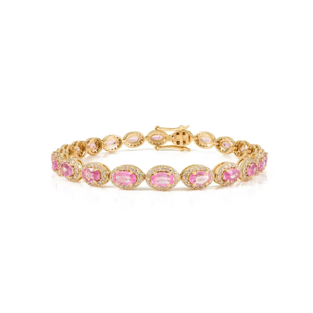 Pink Sapphire & Diamond Box Lock Halo Tennis Bracelet K14 Solid Yellow Gold New Jewelry