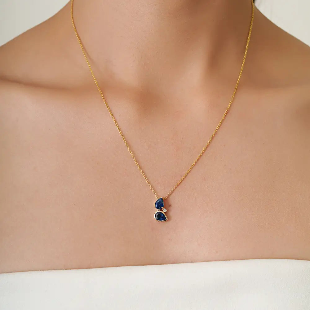 Solid 14K Yellow Gold Blue Sapphire & Diamond Minimal Stackable Pendant Necklace Women