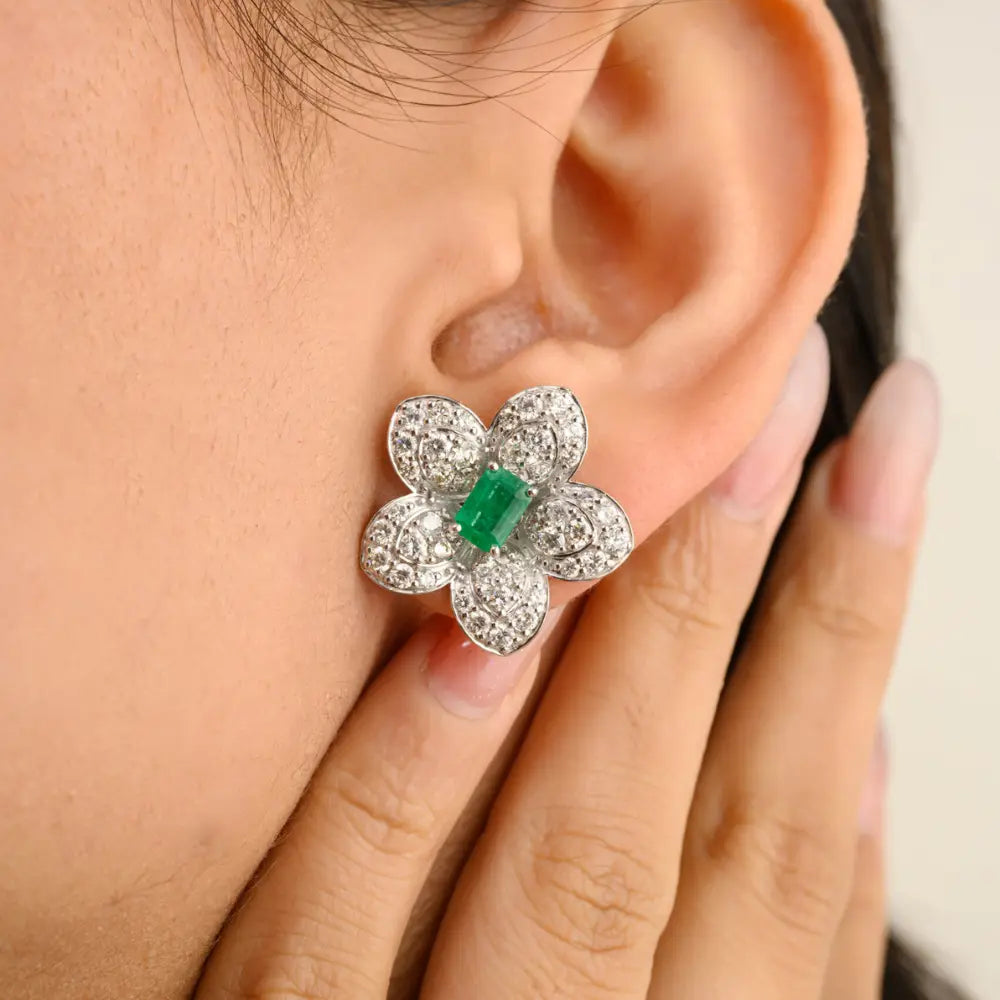 New Arrivals Octagon Emerald & Diamond 14K White Gold Flower Stud Earrings