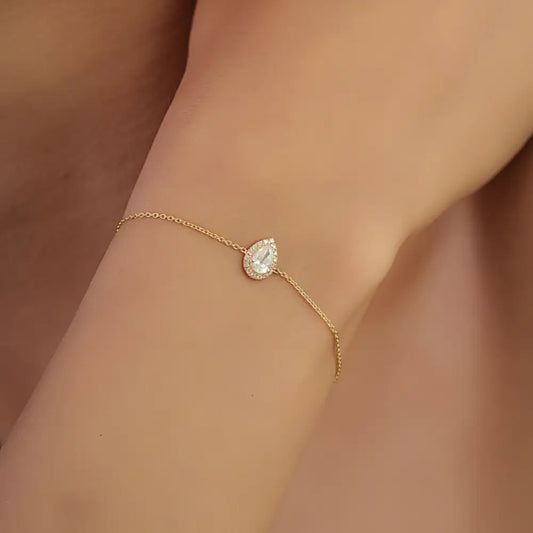 Stunning Delicate 14K Real Yellow Gold Natural Diamond Pear Shape Halo Link Chain Bracelet