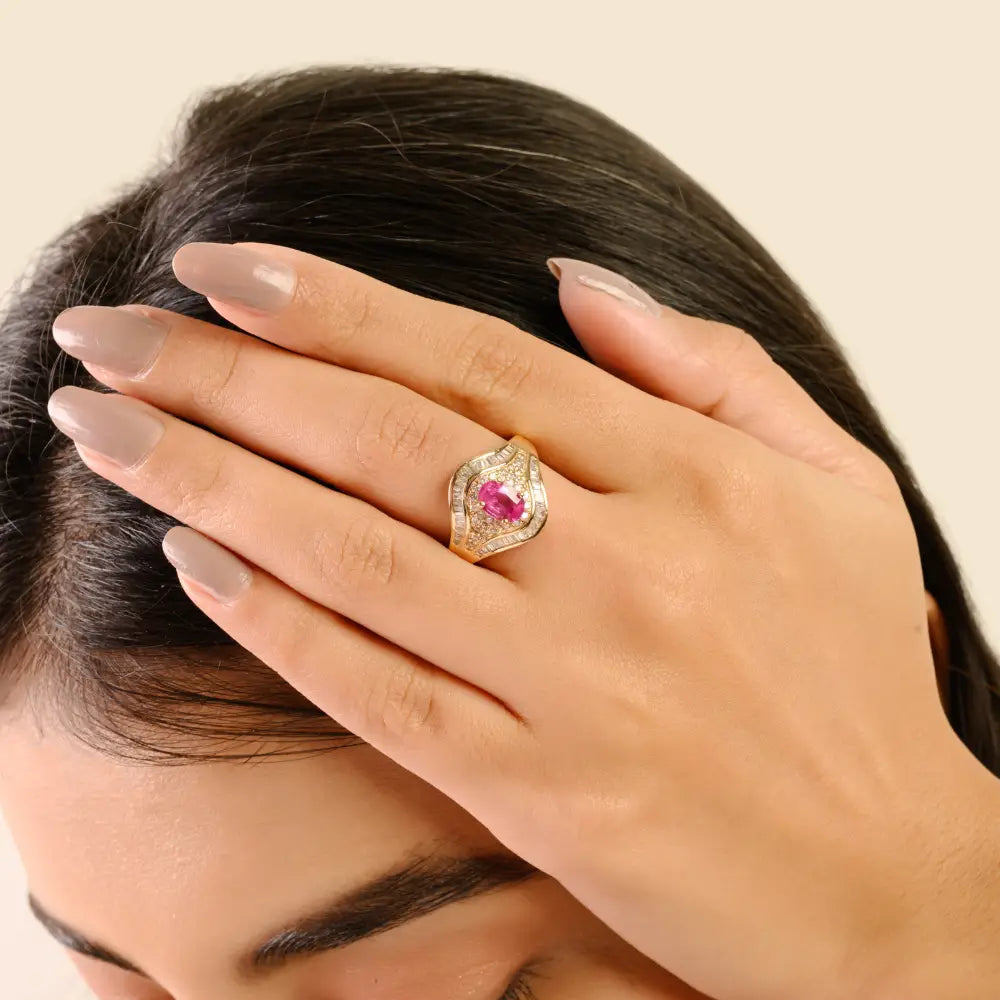 Prong Setting Ruby & Diamond 14K Solid Yellow Gold Vintage Gemstone Ring Wedding Jewelry