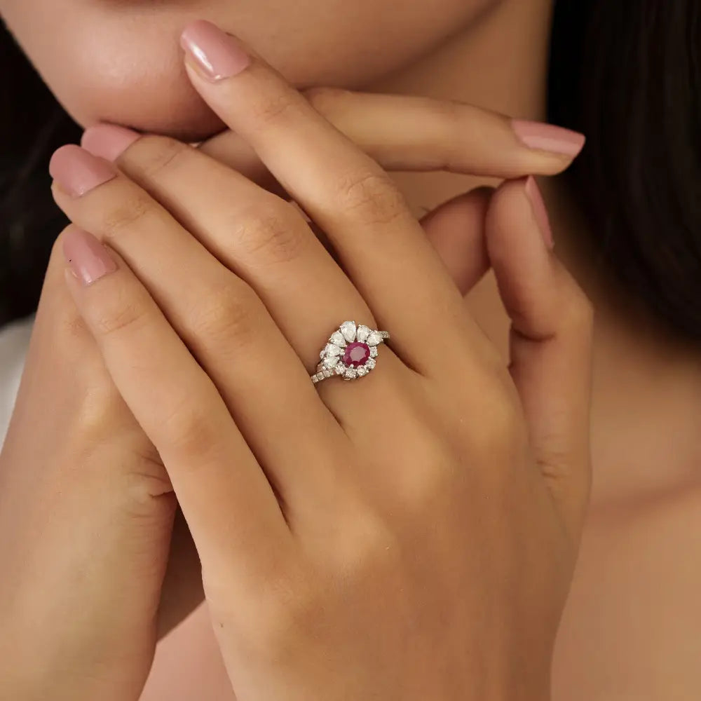 Precious Gemstone Ruby & Diamond Engagement Ring Solid K18 White Gold Wedding Jewelry