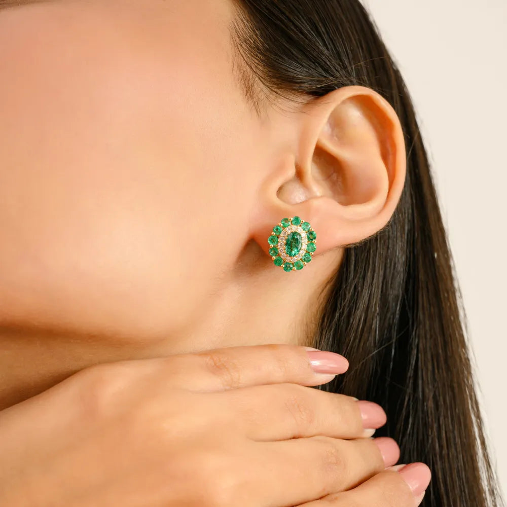 Hot Selling Real K14 Yellow Gold Emerald & Diamond Halo Stud Earrings Custom Gemstone Jewelry