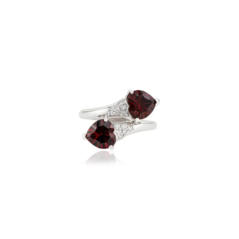Heart Shape Garnet & Round Cut Diamond Statement Bypass Ring Solid 14K White Gold Jewelry