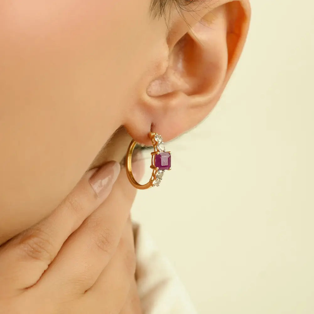 K14 Solid Yellow Gold Trending Ruby & Diamond Hoop Earrings For Women Girl Gifting Jewelry