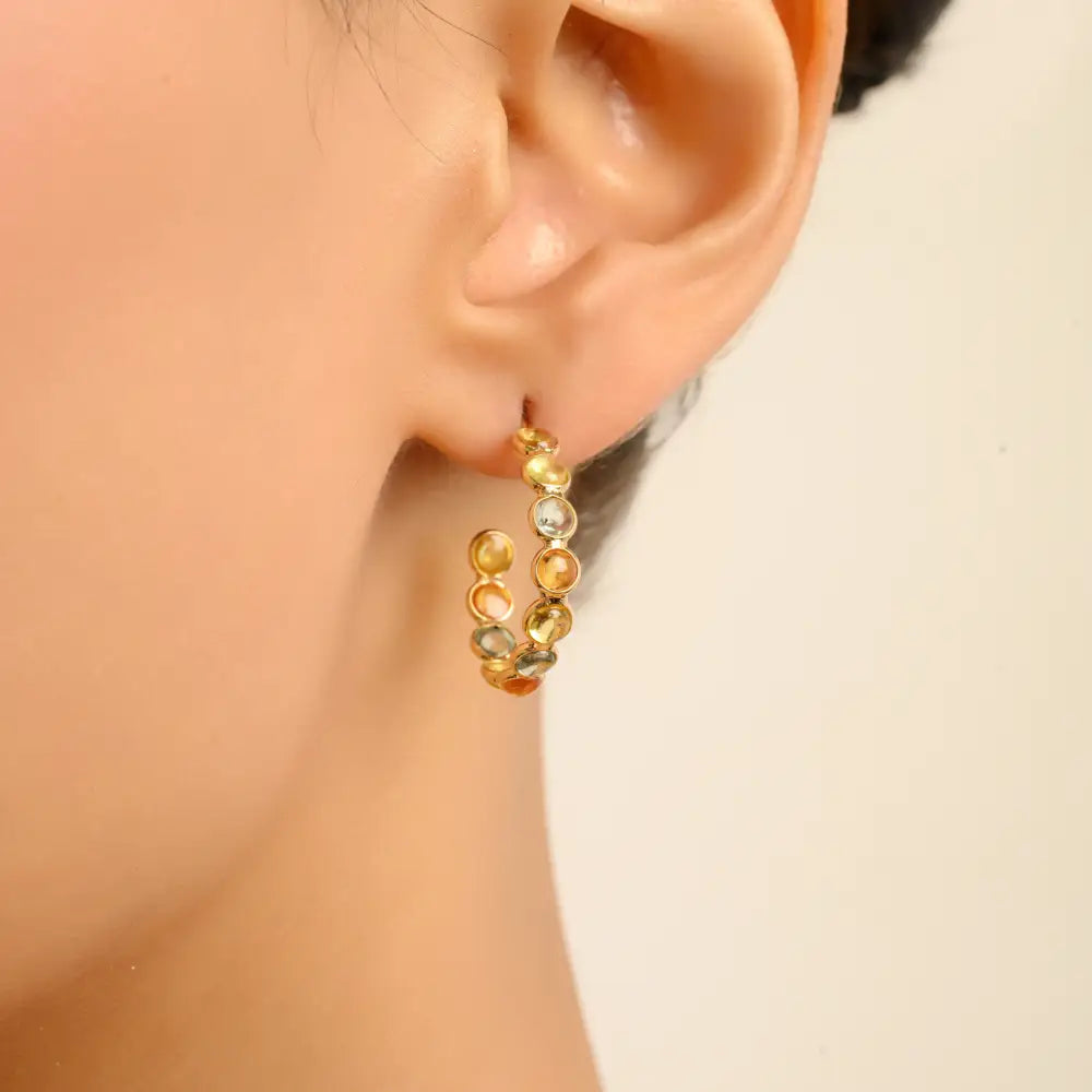 Rainbow Colorful Multi Sapphire 18K Pure Yellow Gold Dainty C Hoop Earrings Birthstone Jewelry