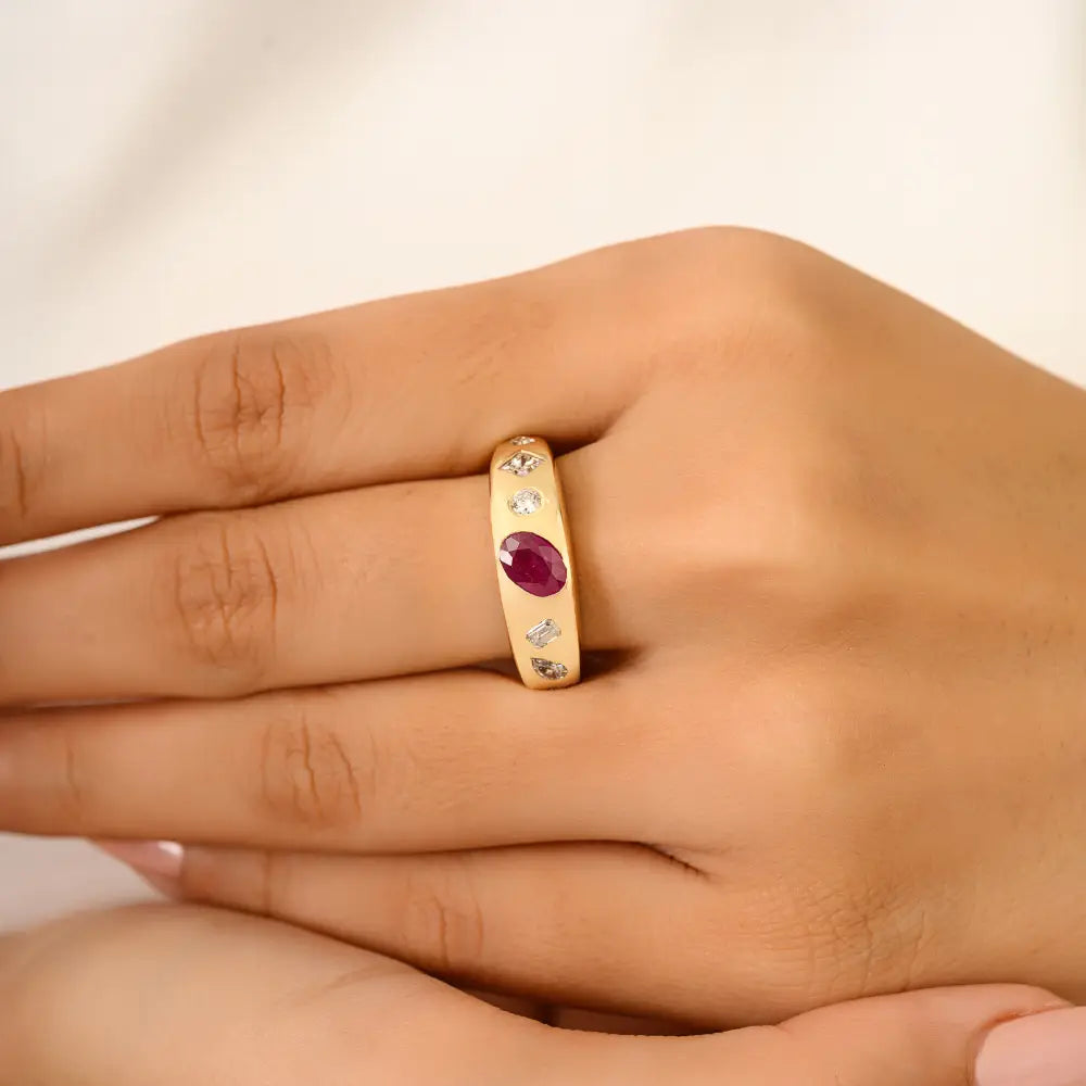 Best Selling Mixed Shape Diamond & Ruby Chunky Dome Ring 18K Yellow Gold Engagement Jewelry