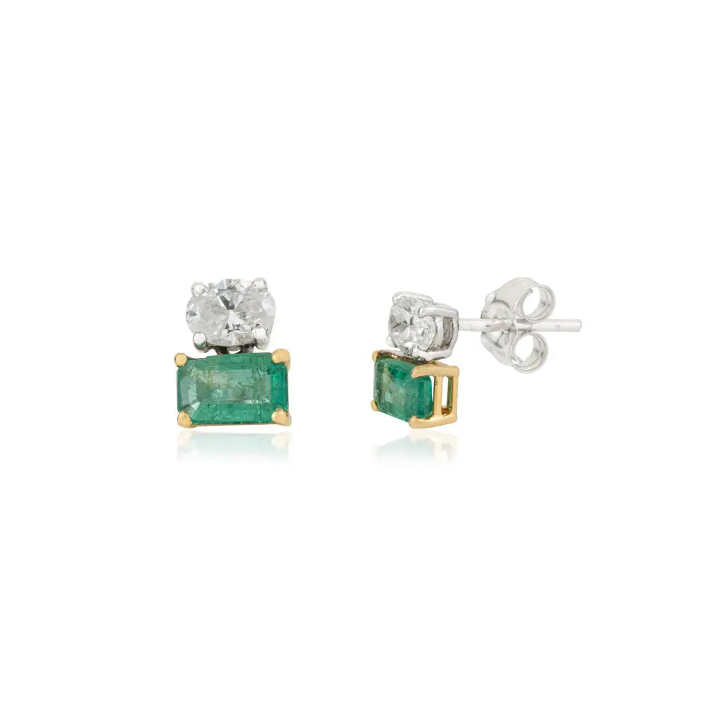 Prong Set Emerald & Diamond Minimal Stud Earrings Handmade 18K Two Tone Gold Jewelry