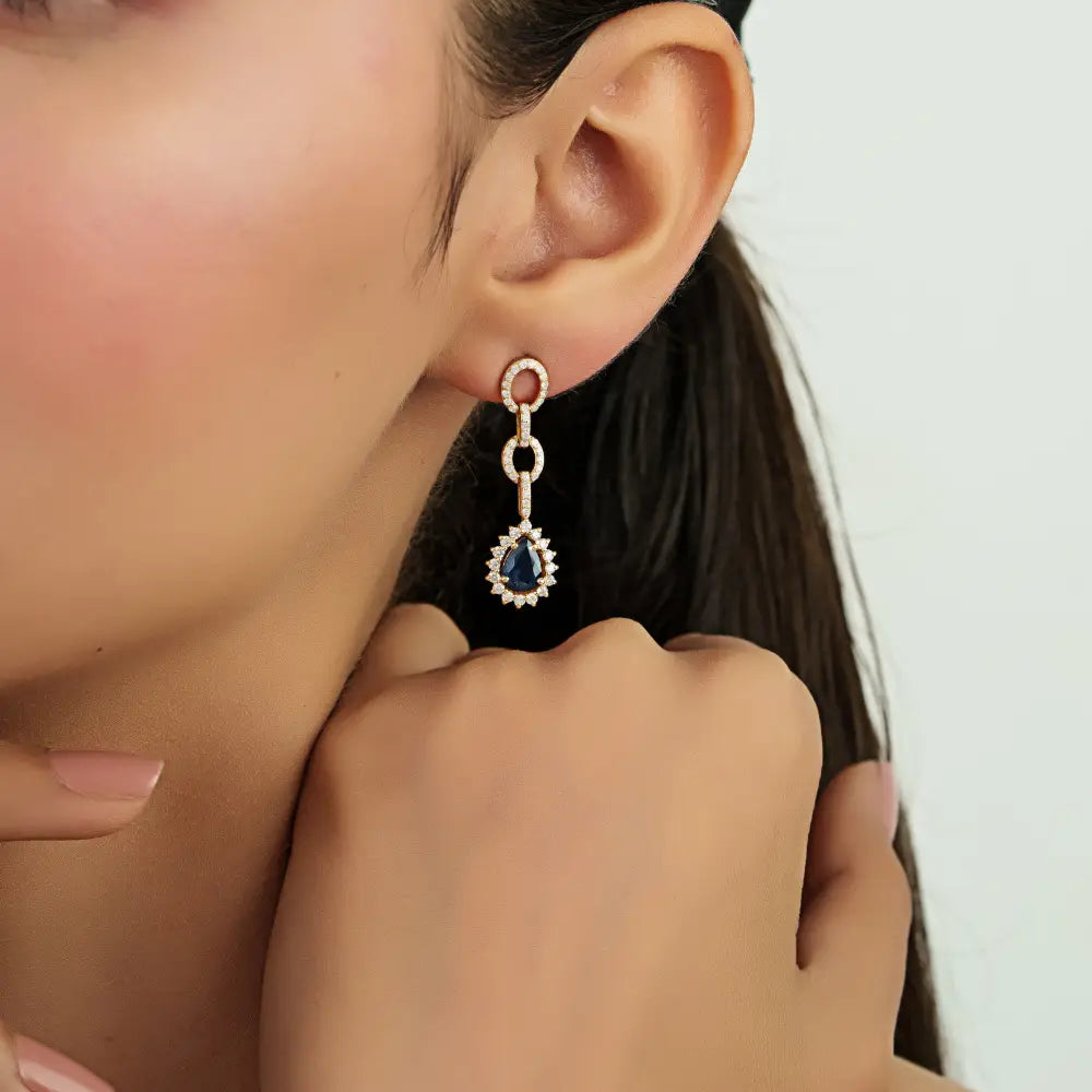 Unique Design Blue Sapphire & Diamond Cluster Link Dangle Earrings 14K Yellow Gold Jewelry