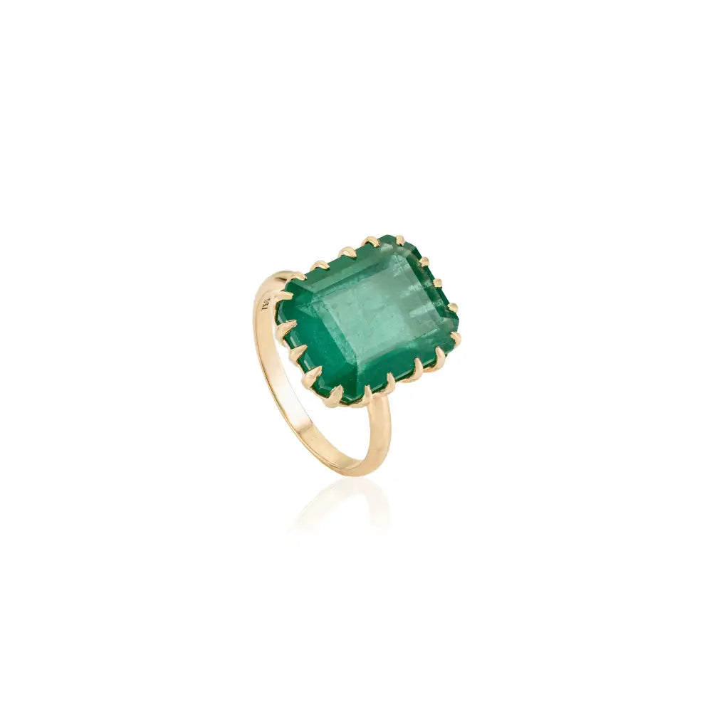 18K Solid Yellow Gold Zambian Emerald Big Gemstone Solitaire Ring Bold Statement Jewelry